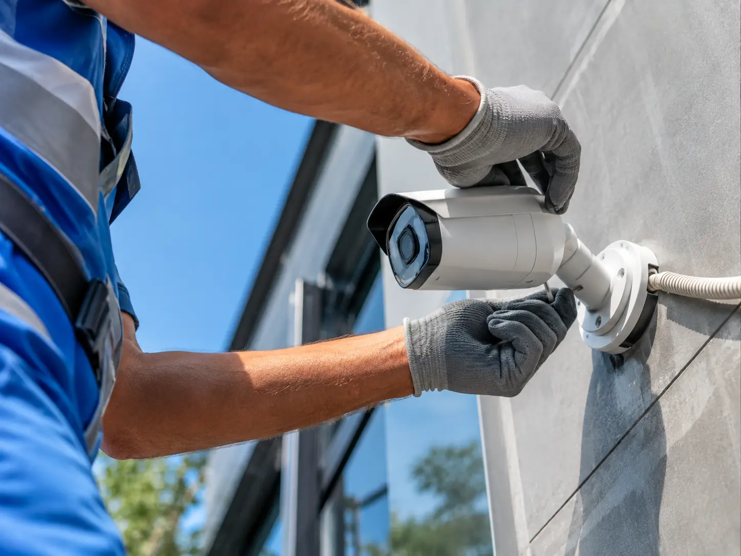 Técnico instalando uma câmera de segurança